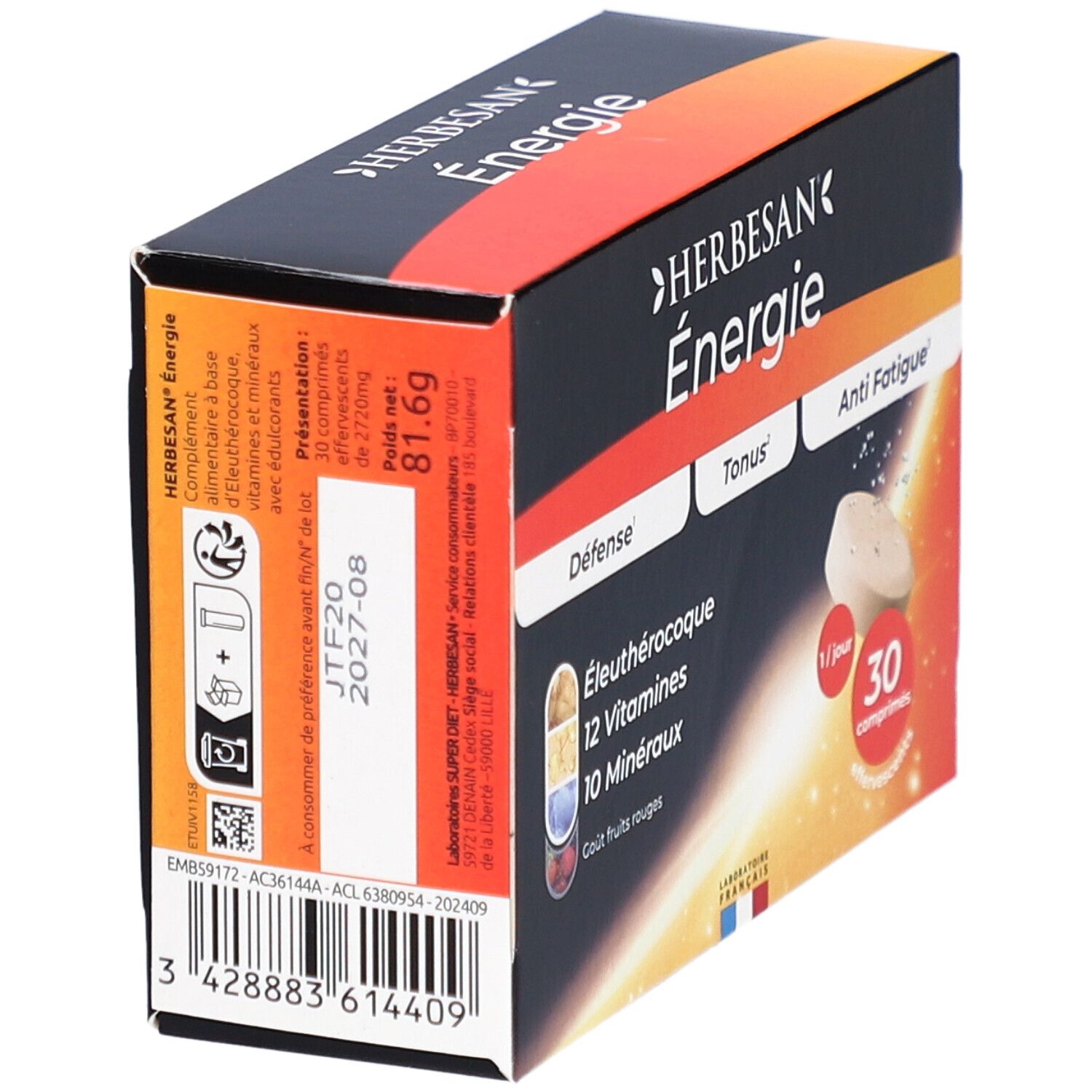 Boîte Herbesan Énergie, vue latérale. Contient 30 comprimés. Inscription: 12 vitamines, 10 minéraux. Date de péremption: 2027-08.