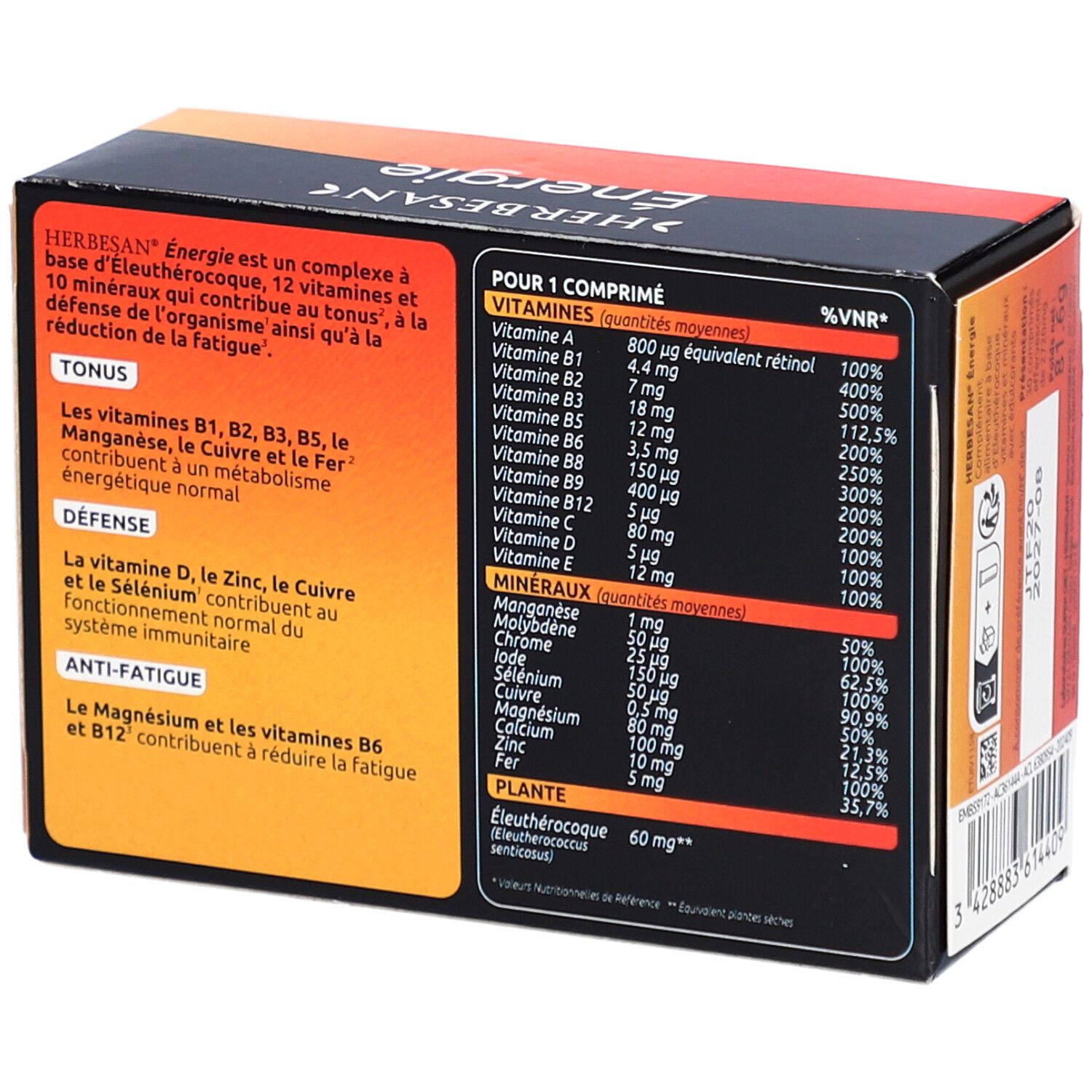 Dos de la boîte Herbesan Énergie. Contient des informations sur les vitamines, les minéraux et les ingrédients. Contient également des informations nutritionnelles.