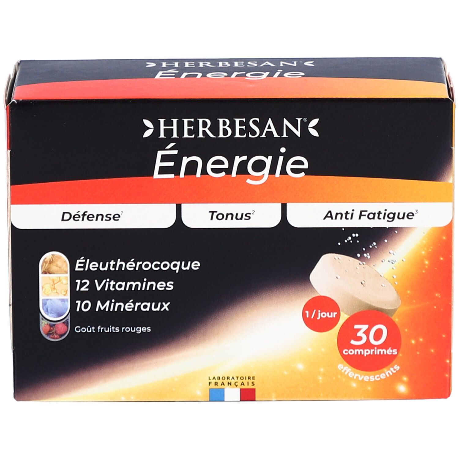 Boîte Herbesan Énergie. Contient 30 comprimés effervescents. Inscription: 12 vitamines, 10 minéraux. Goût fruits rouges. 1 comprimé par jour.