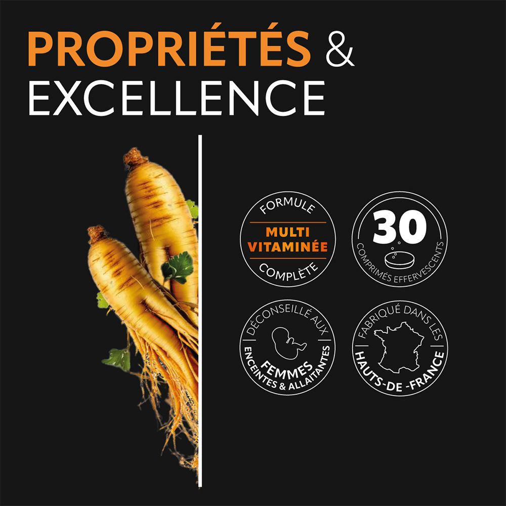 Graphique avec racines de ginseng. Logos : Formule multi-vitamines, 30 comprimés effervescents, déconseillé aux femmes enceintes/allaitantes, Fabriqué en France.