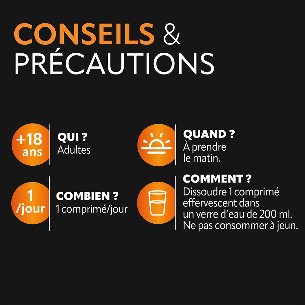 Instructions d'utilisation Herbesan Énergie. Adultes, le matin, 1 comprimé dans 200ml d'eau. Ne pas consommer à jeun.