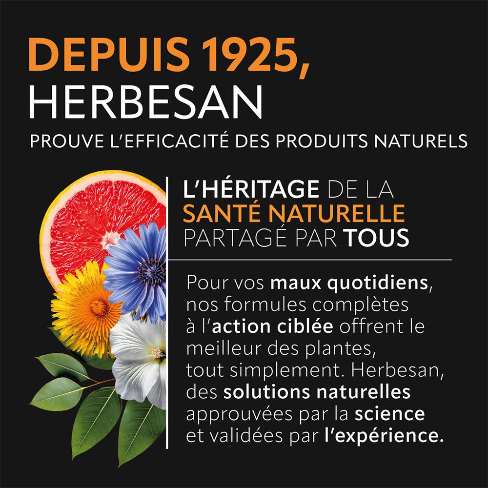 Publicité Herbesan. Montre fleurs et fruits. Texte : Depuis 1925, l'héritage de la santé naturelle, solutions par l'expérience.