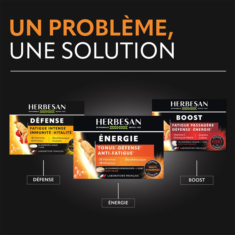 Trois boîtes de produits Herbesan : Défense, Énergie, Boost. Toutes montrent l'image de ginseng. Boîte Énergie en focus.