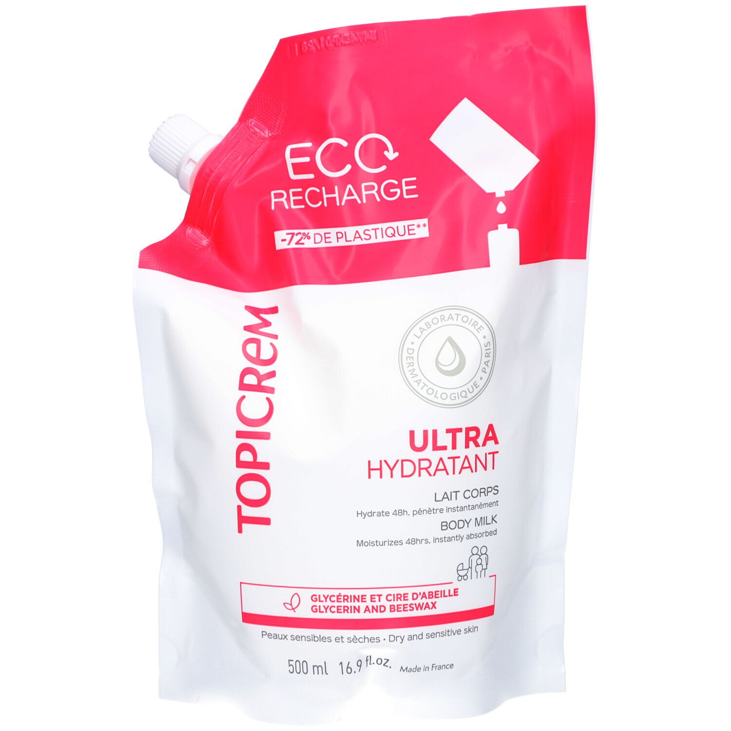 Recharge blanche et rouge. Texte: TOPICREM, Ultra Hydratant Lait Corps, Eco Recharge. Contient 500 ml.