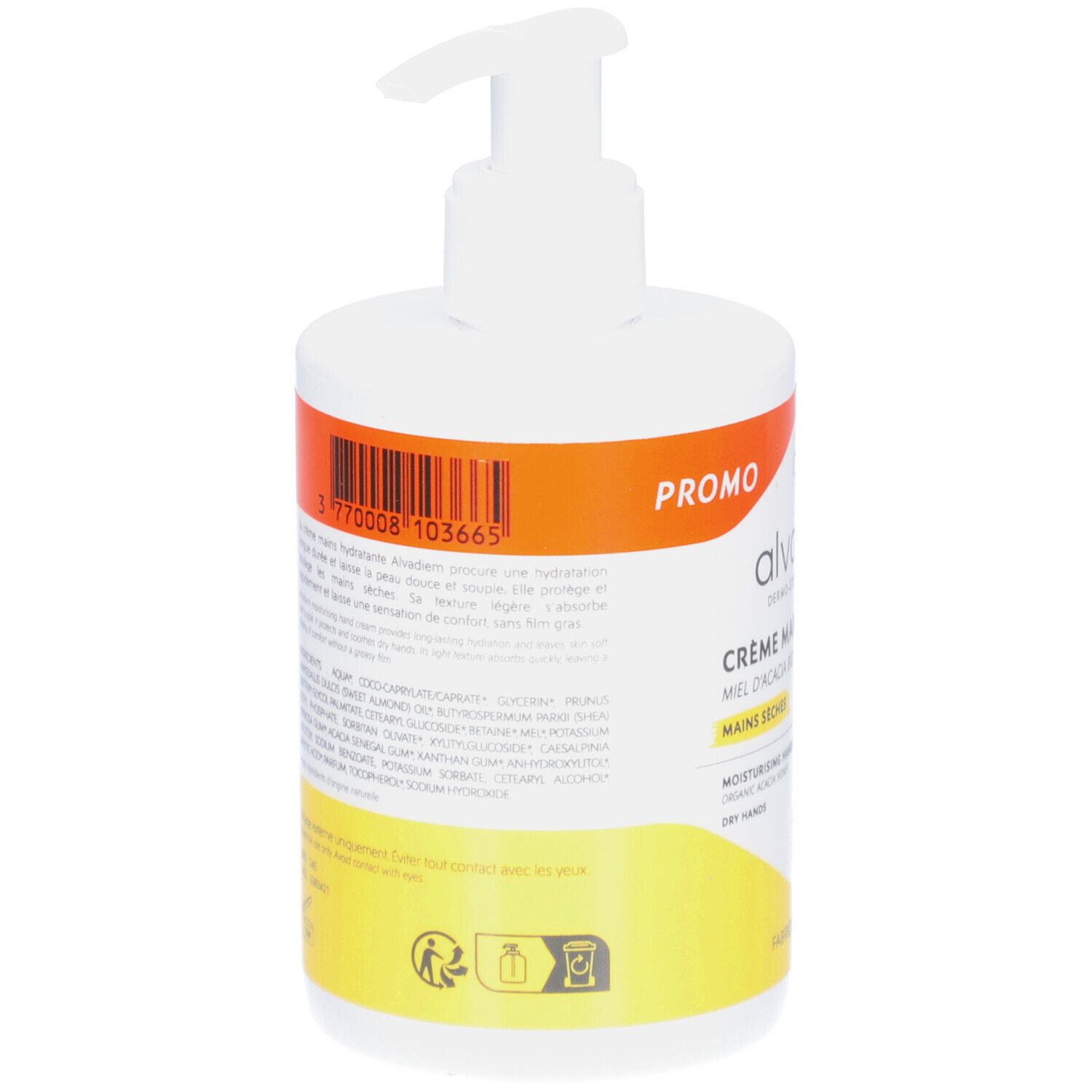 Dos du flacon blanc avec pompe. Étiquette avec texte et code-barres. Arrière-plan jaune et orange. Texte : Crème Mains Hydratante.