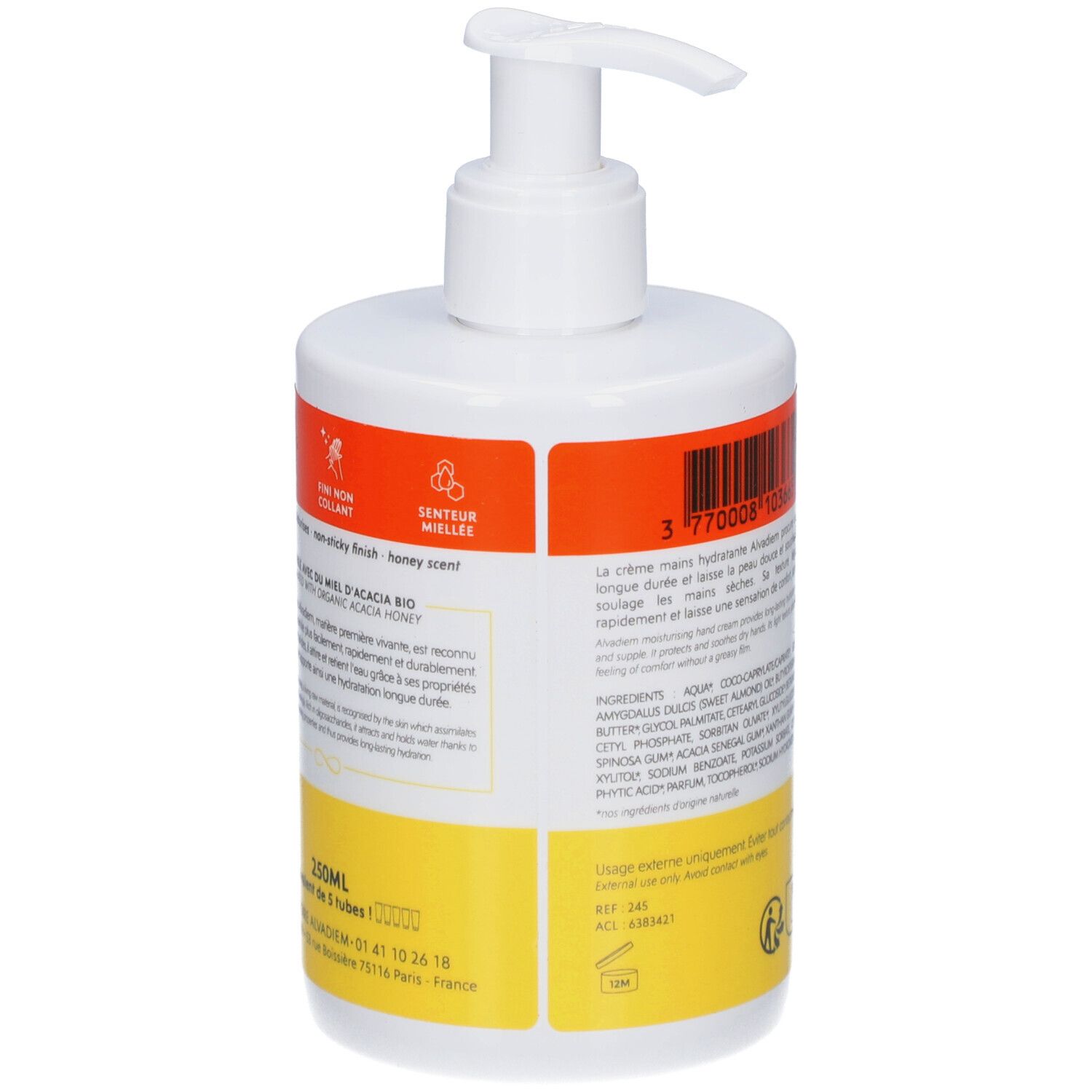 Dos du flacon blanc avec pompe. Étiquette avec texte et code-barres. Arrière-plan jaune et orange. Texte : Crème Mains Hydratante.