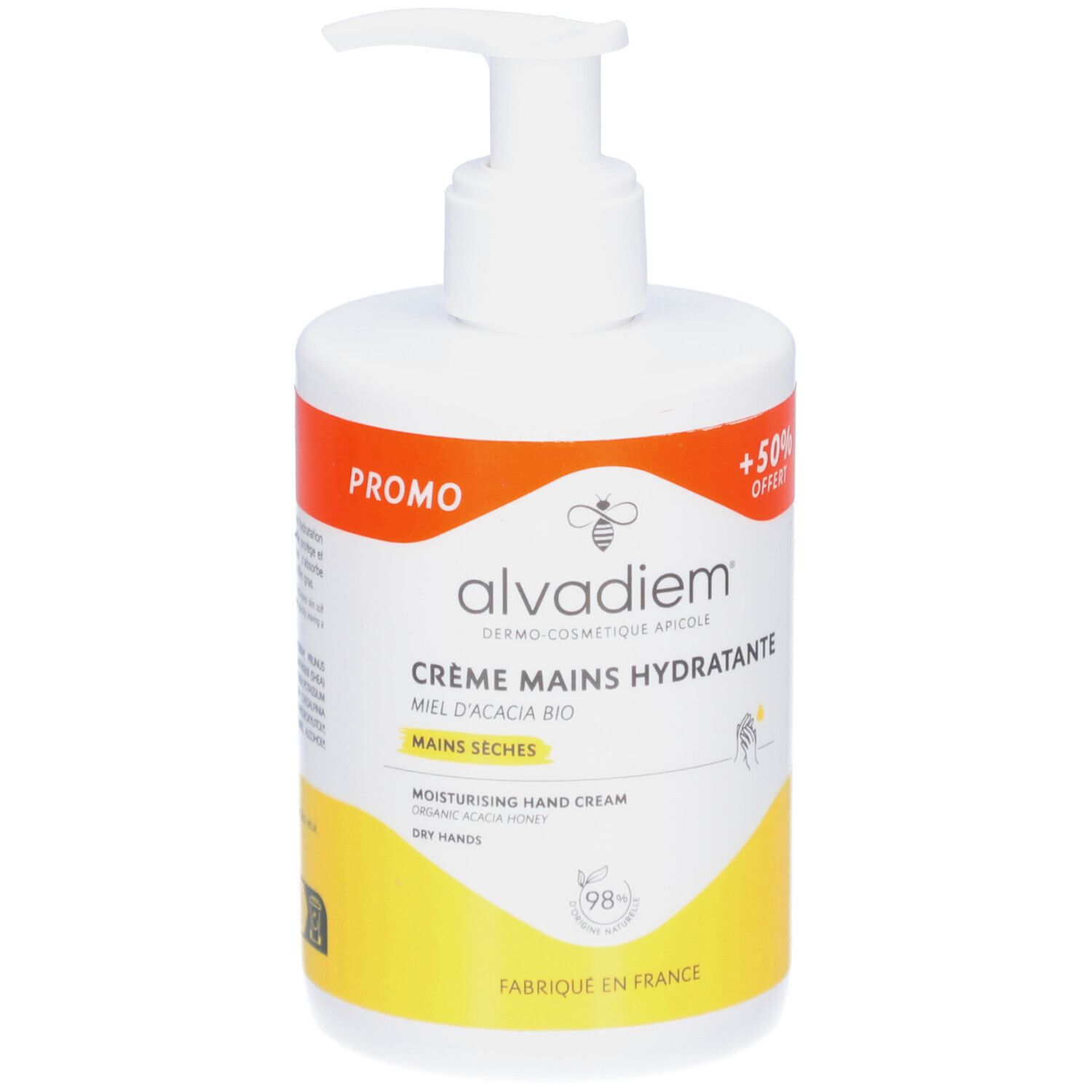 Flacon blanc avec pompe. Étiquette avec nom du produit et mention « Promo ». Arrière-plan jaune et orange. Texte : Crème Mains Hydratante.