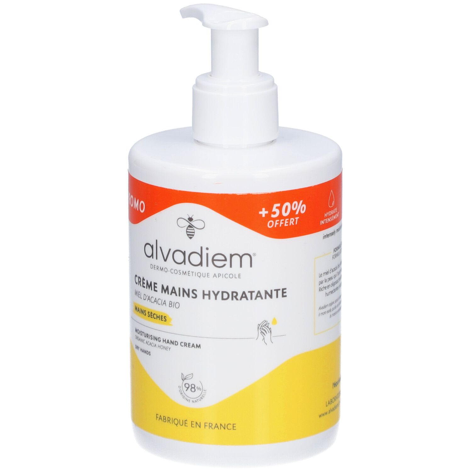 Flacon blanc avec pompe. Étiquette avec nom du produit et mention « Promo ». Arrière-plan jaune et orange. Texte : Crème Mains Hydratante.