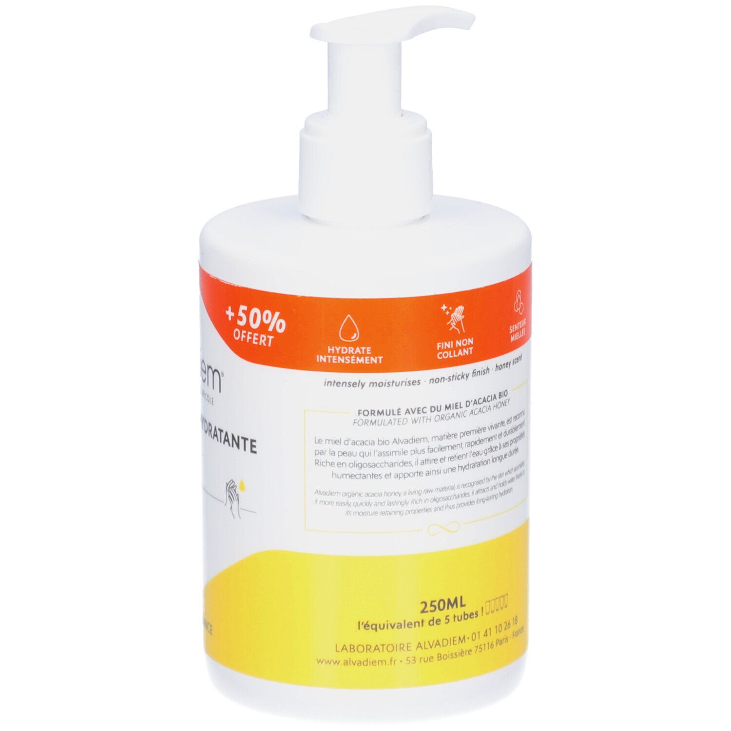 Dos du flacon blanc avec pompe. Étiquette avec texte et code-barres. Arrière-plan jaune et orange. Texte : Crème Mains Hydratante.