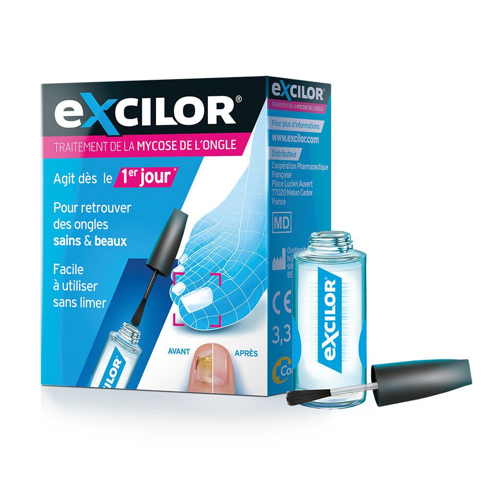 Boîte et flacon applicateur pour traitement mycose ongulaire. Montre des ongles sains et abîmés.