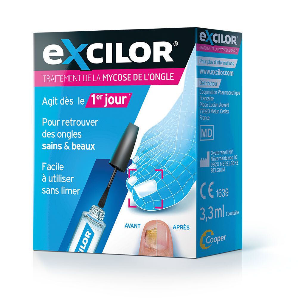 Boîte de traitement mycose ongulaire. Contient flacon applicateur, marquage CE et indication 3,3ml.