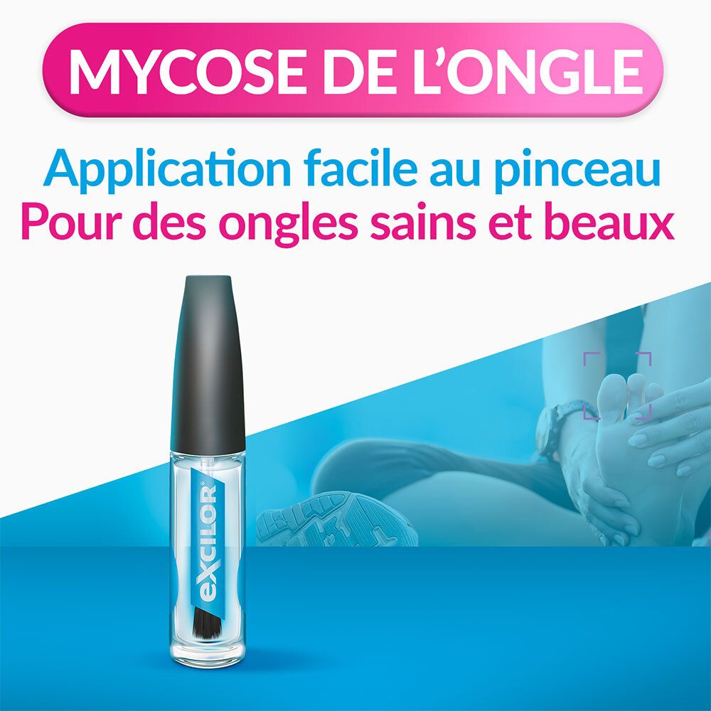 Flacon applicateur pour traitement mycose des ongles. Emballage bleu et rose.