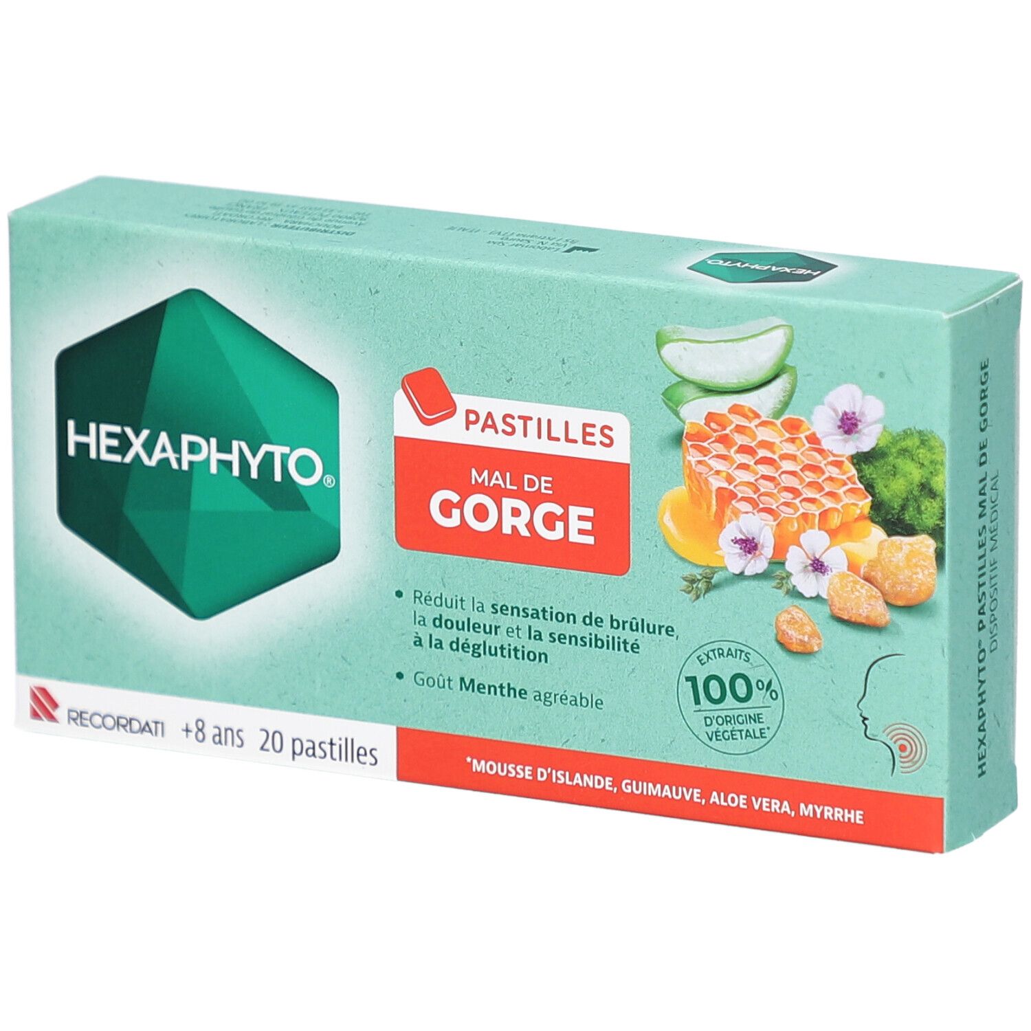 Boîte de pastilles HEXAPHYTO pour la gorge. Design vert et blanc avec nom du produit et illustrations d'ingrédients.