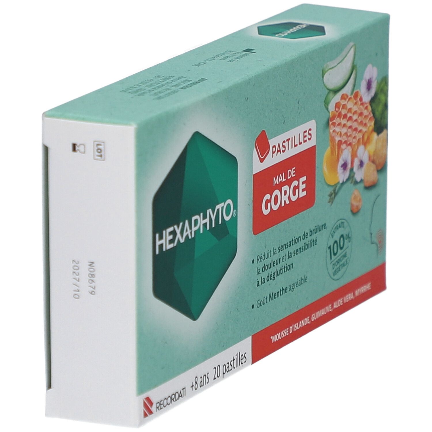 Vue oblique de l'emballage HEXAPHYTO. Affiche le logo, le nom du produit et la date de péremption sur fond blanc.