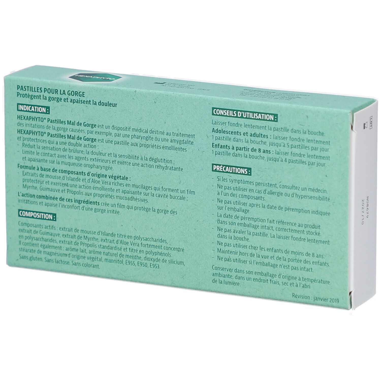 Dos de l'emballage HEXAPHYTO. Contient des informations sur les indications, les instructions d'utilisation et les ingrédients.