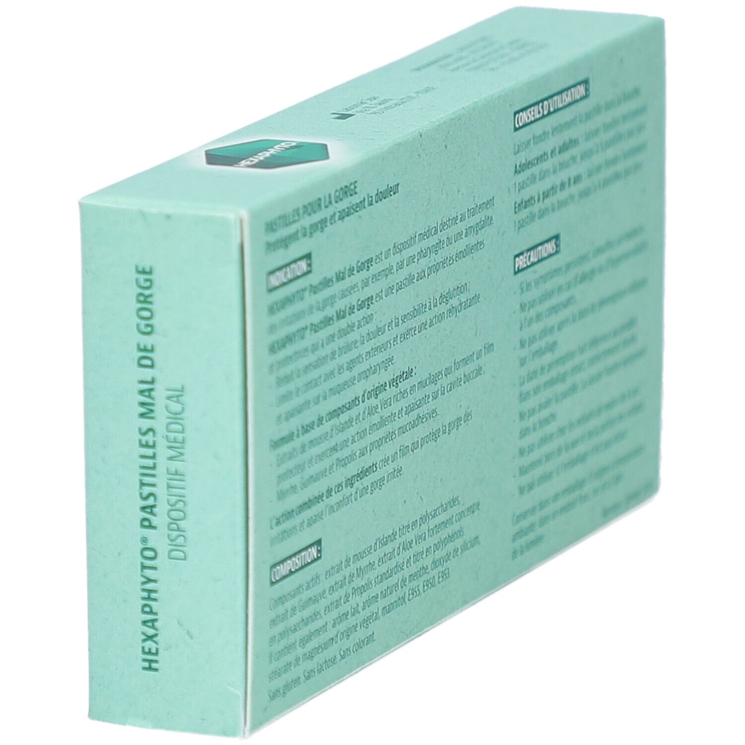 Vue latérale de l'emballage HEXAPHYTO. Affiche le nom du produit et des informations sur l'utilisation.