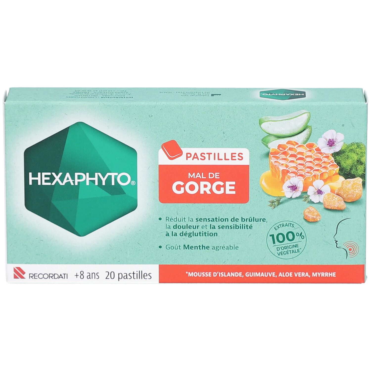 Emballage HEXAPHYTO avec pastilles pour la gorge. Design vert et blanc avec nom du produit et illustrations.