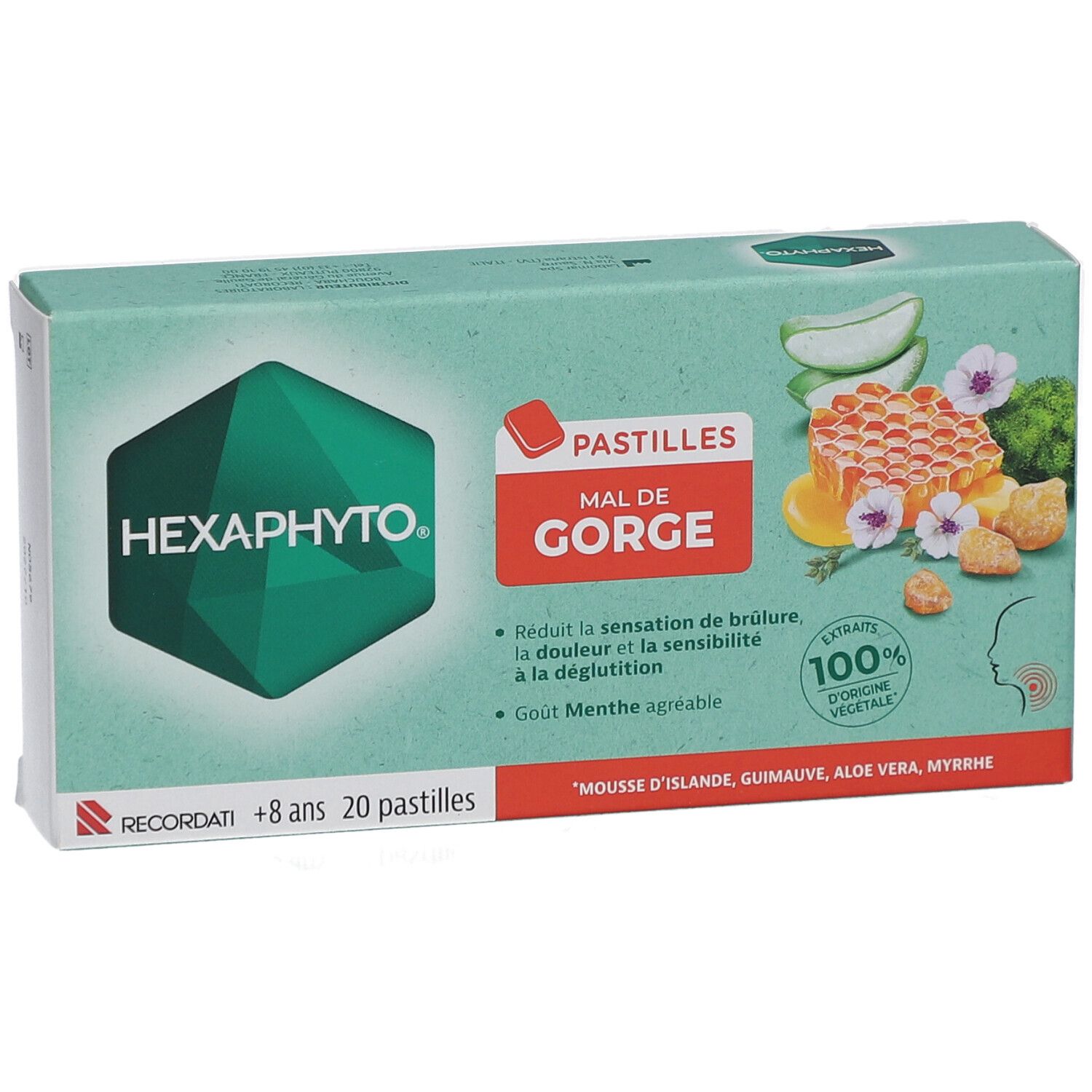Emballage HEXAPHYTO avec pastilles pour la gorge. Design vert et blanc avec nom du produit et illustrations.