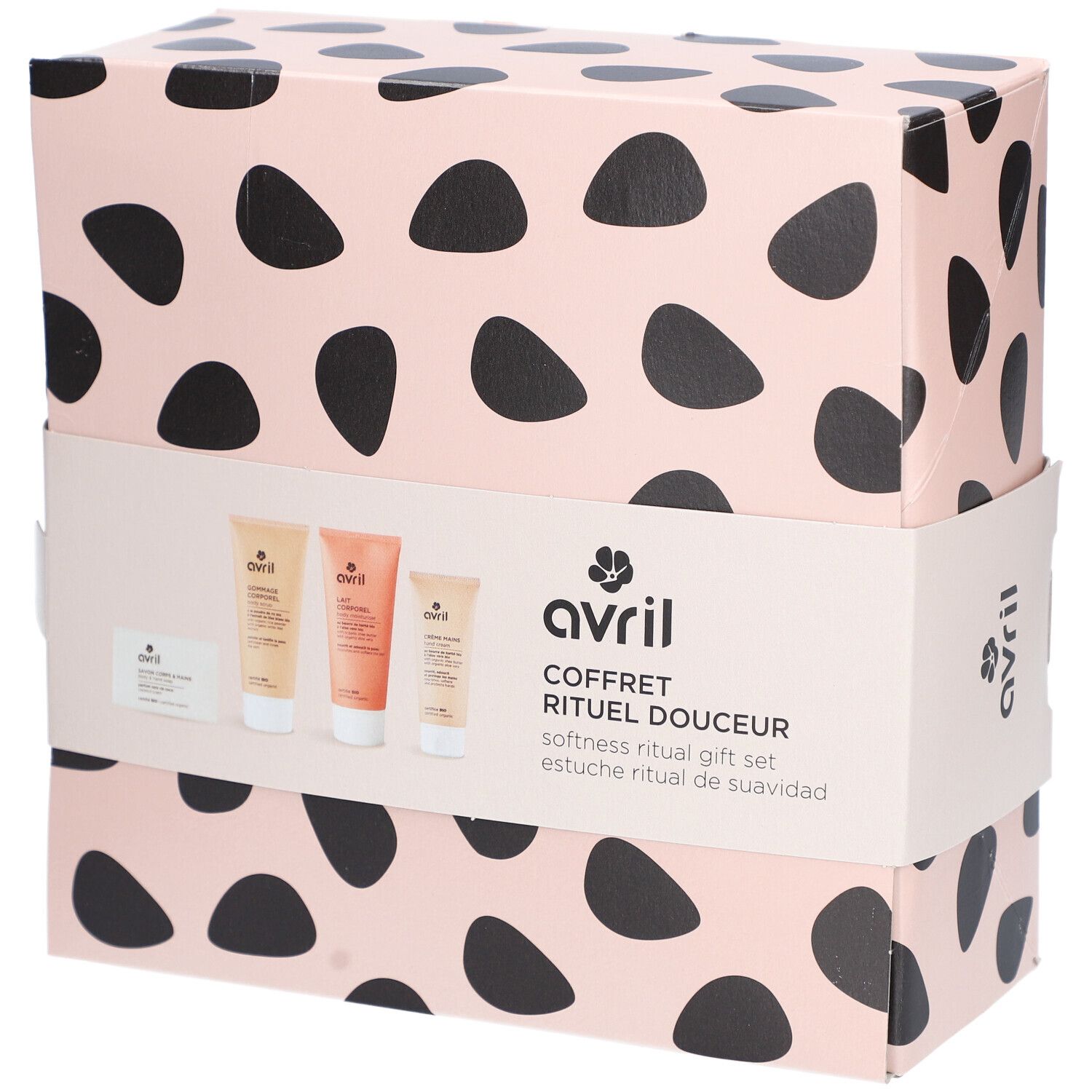 Coffret cadeau Avril rose à pois noirs. Contient des produits. Inscription: COFFRET RITUEL DOUCEUR. Estuche ritual de suavidad.