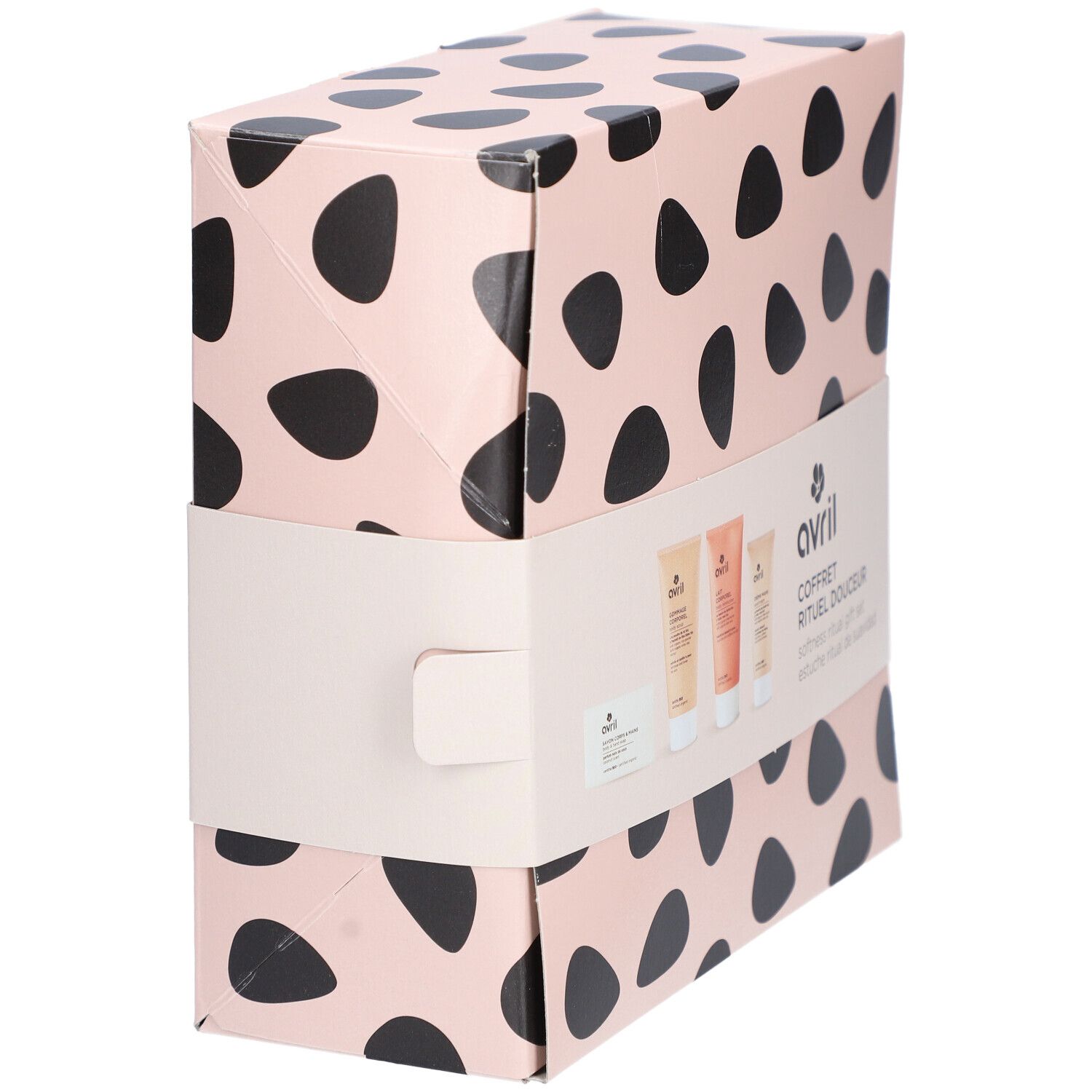 Vue latérale du coffret cadeau à pois noirs. Contient des produits Avril. Inscription: COFFRET RITUEL DOUCEUR. Estuche ritual de suavidad.