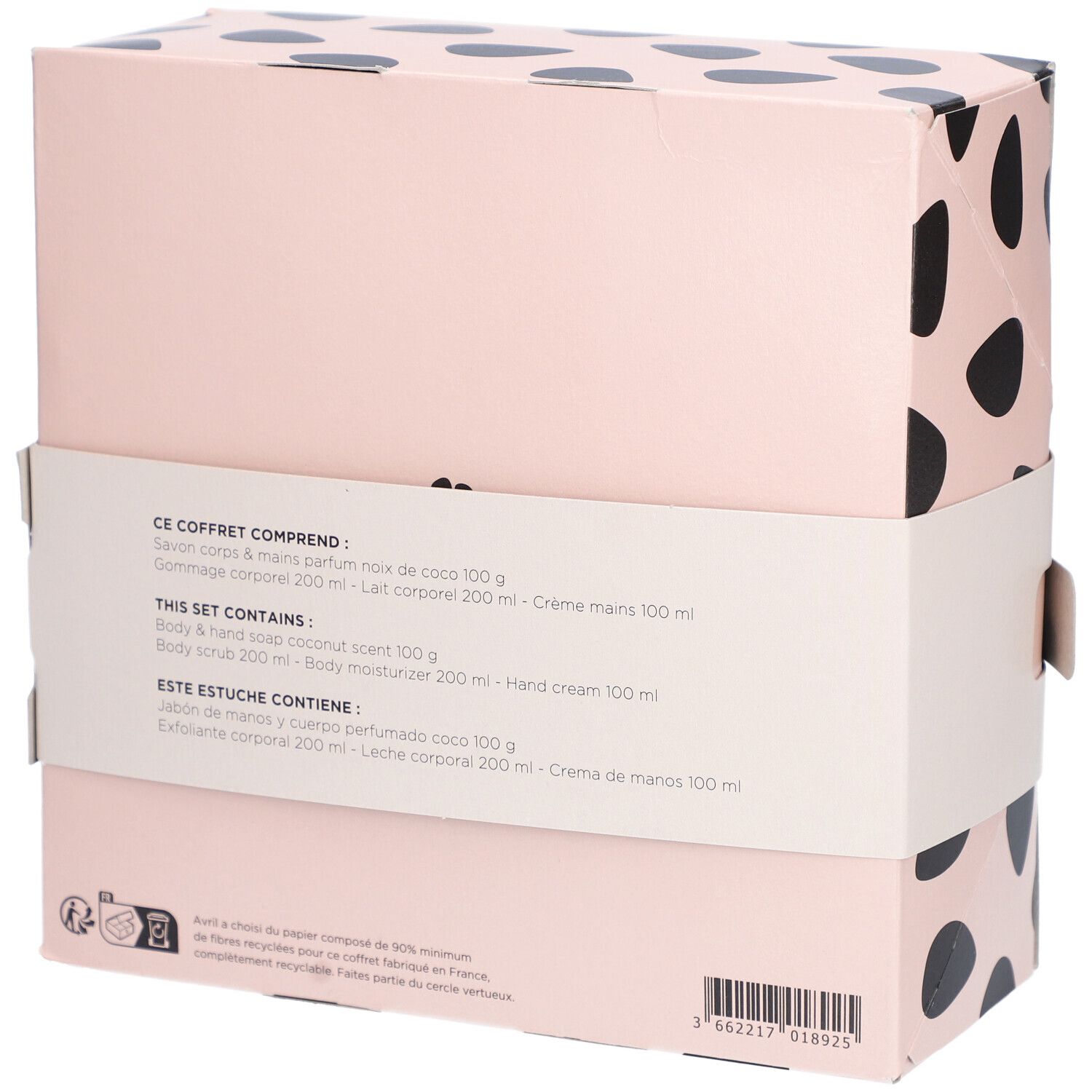 Dos du coffret cadeau avec liste des ingrédients. Contient des produits Avril. Textes en allemand, français et espagnol.
