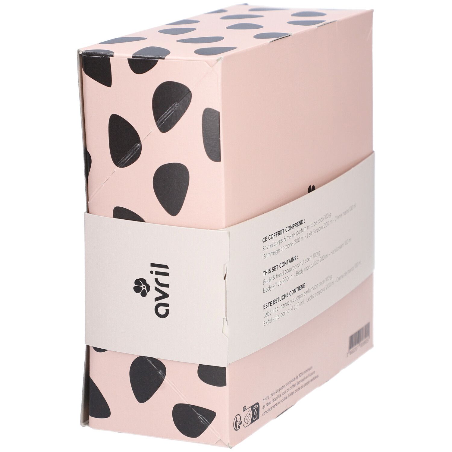 Vue latérale du coffret cadeau à pois noirs. Contient des produits Avril. Inscription: COFFRET RITUEL DOUCEUR. Estuche ritual de suavidad.