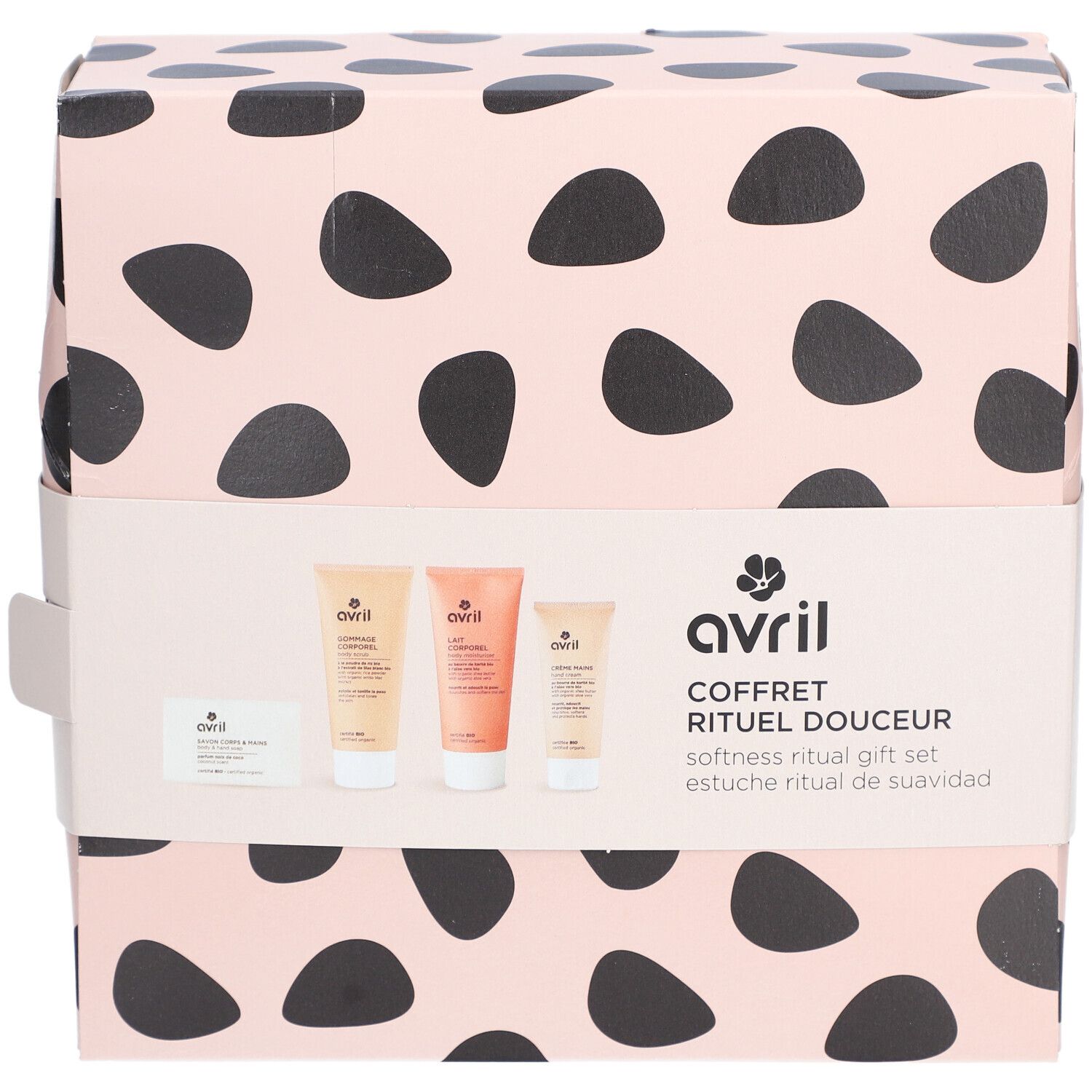 Coffret cadeau Avril rose à pois noirs. Contient des produits. Inscription: COFFRET RITUEL DOUCEUR. Estuche ritual de suavidad.