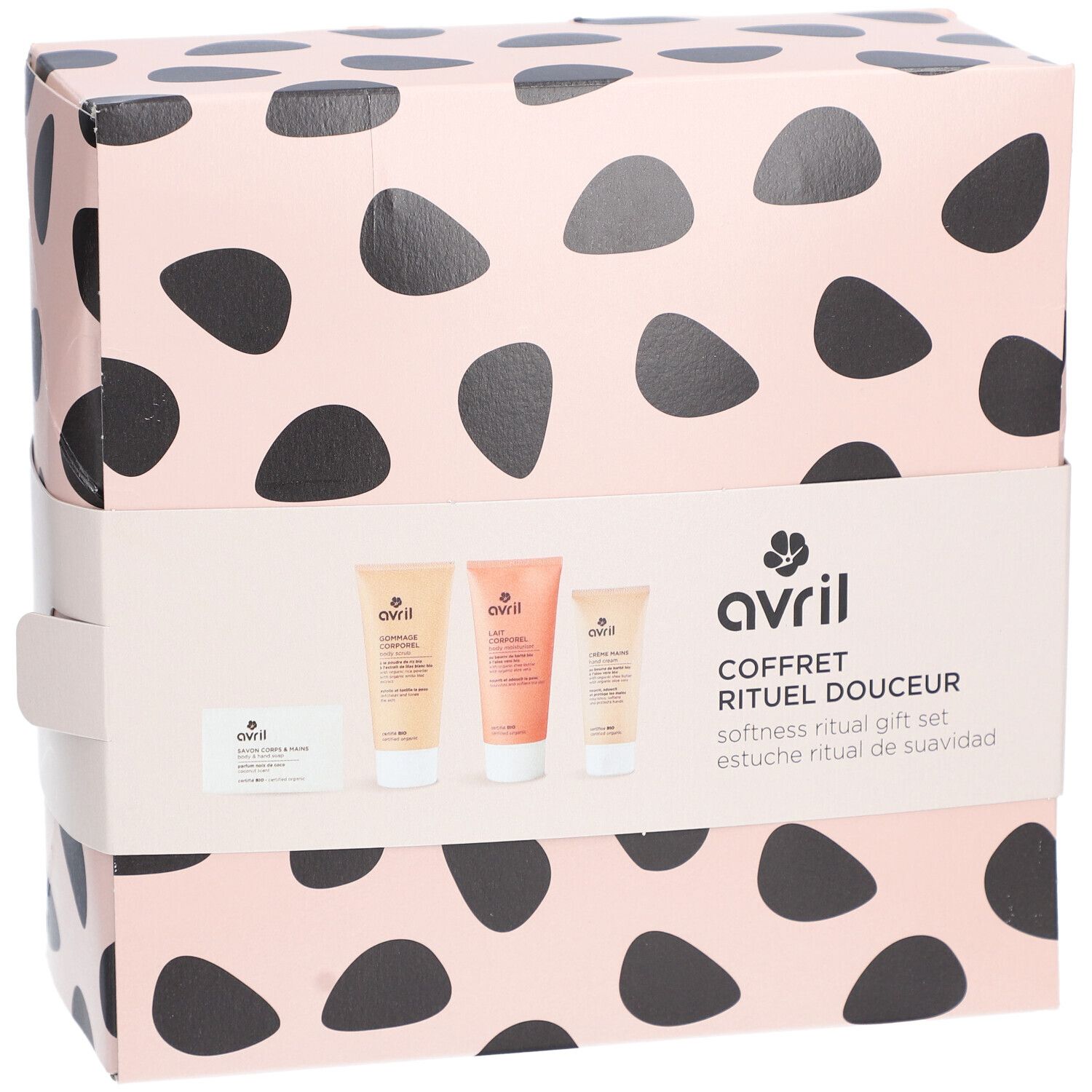 Coffret cadeau Avril rose à pois noirs. Contient des produits. Inscription: COFFRET RITUEL DOUCEUR. Estuche ritual de suavidad.