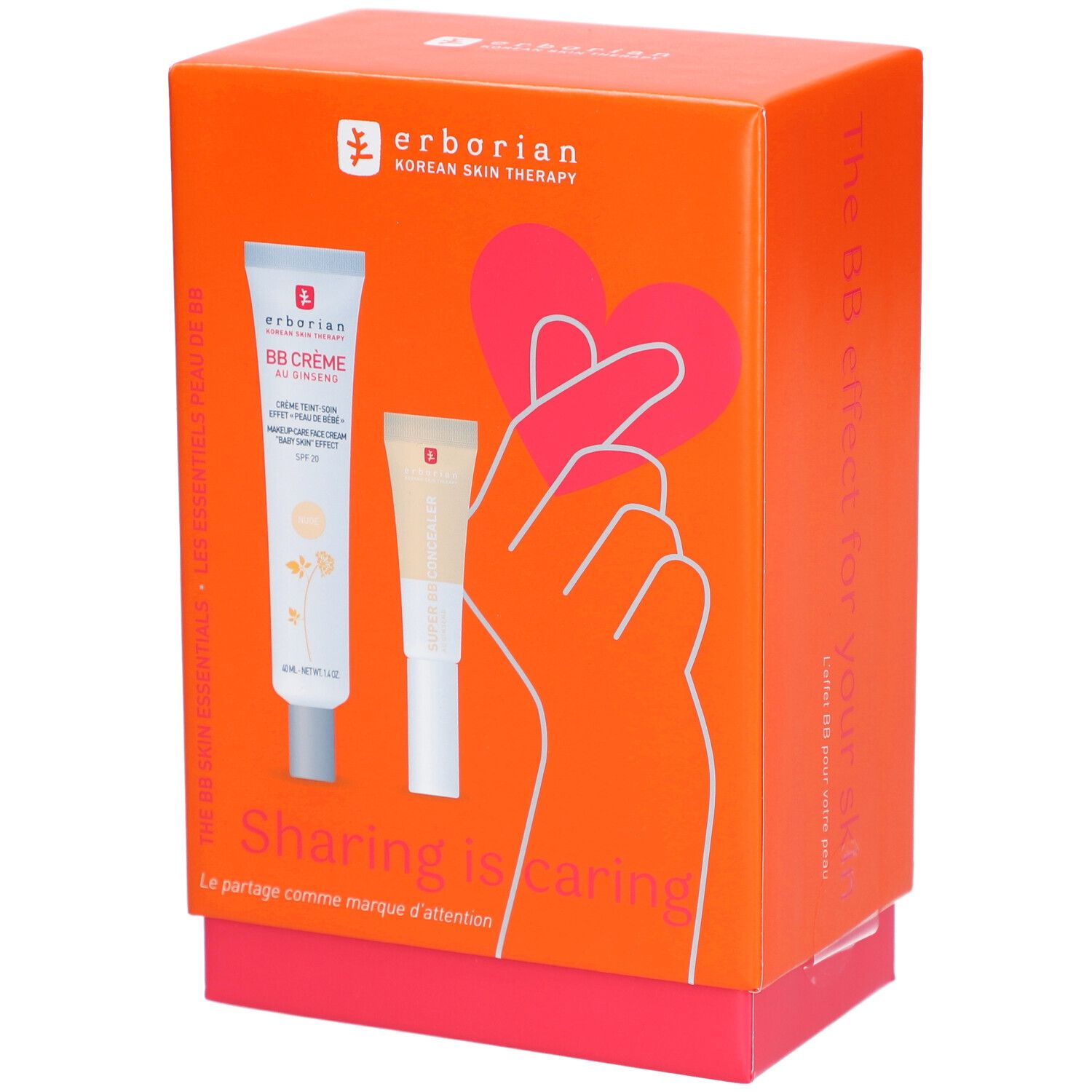 Coffret orange avec deux produits cosmétiques. Inscription: BB Crème, Sharing is Caring, main avec cœur. Marque: Erborian.