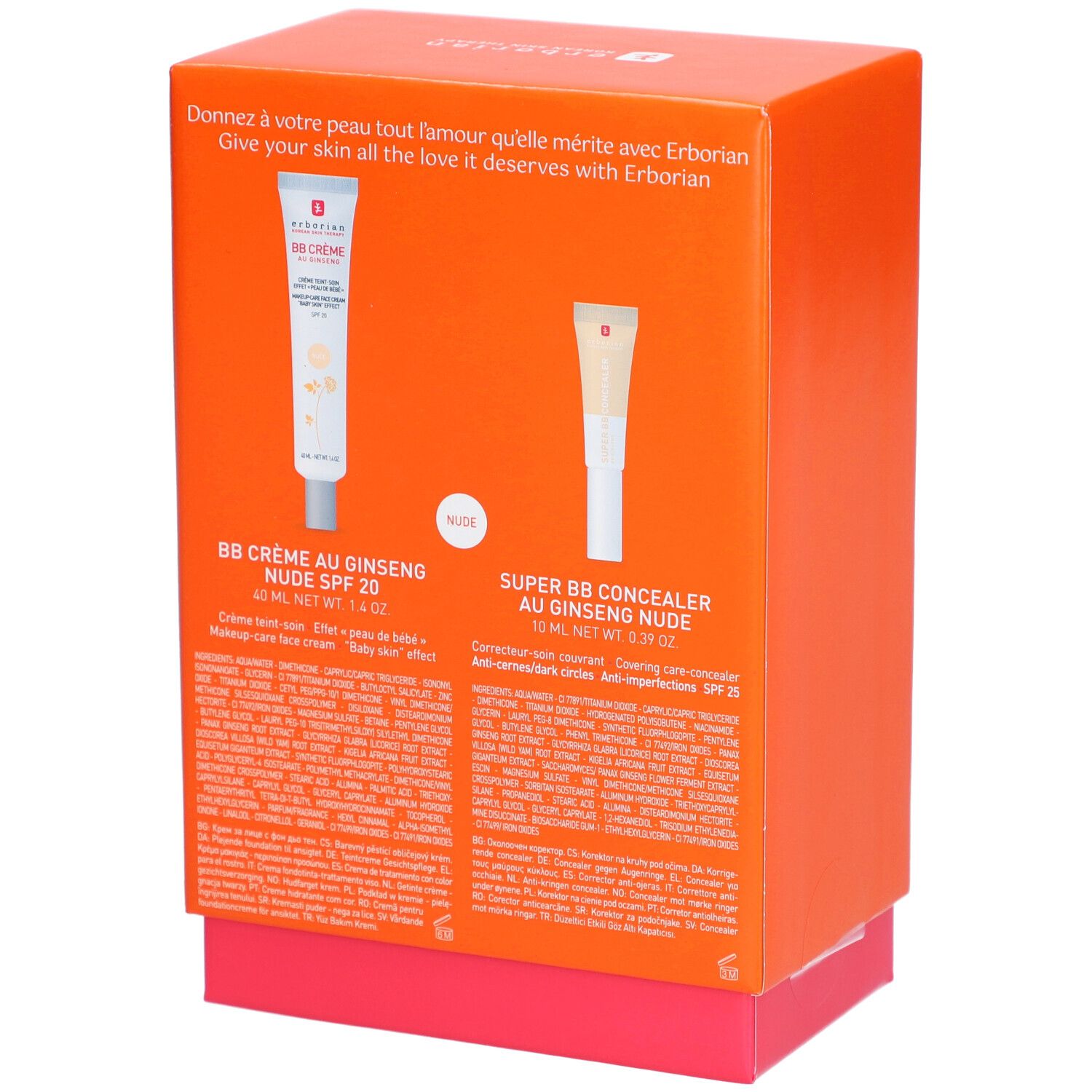 Dos du coffret cadeau. Inscription: BB Crème, Super BB Concealer, Nude. Texte multilingue. Marque: Erborian.