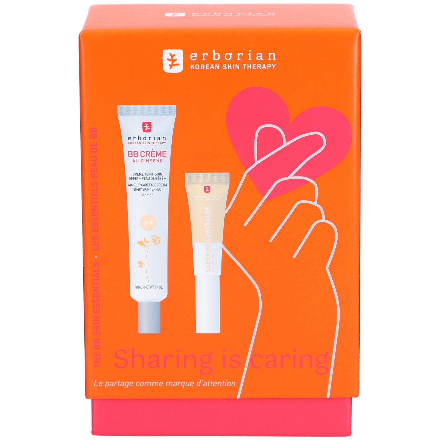 Coffret orange avec deux produits cosmétiques. Inscription: BB Crème, Sharing is Caring, main avec cœur. Marque: Erborian.