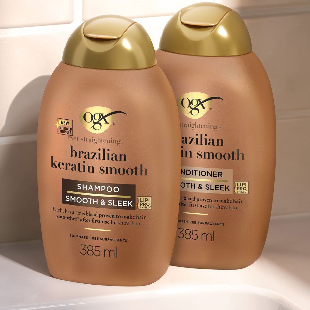 Shampooing et après-shampooing OGX Kératine du Brésil.