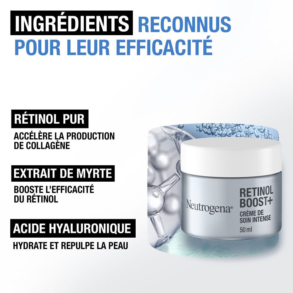 Ingrédients : Rétinol pur, extrait de myrte, acide hyaluronique pour la crème Neutrogena Retinol Boost+.