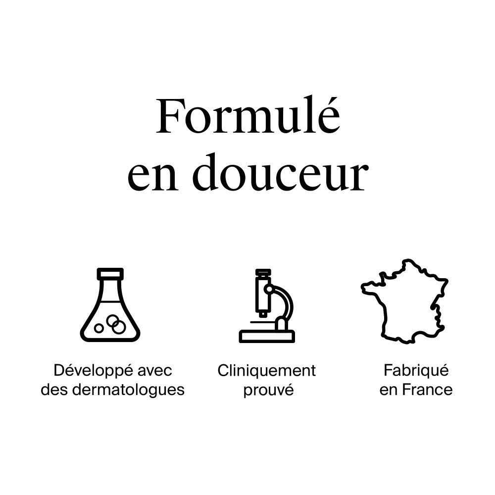 Icônes : Développé avec des dermatologues, cliniquement prouvé, fabriqué en France.