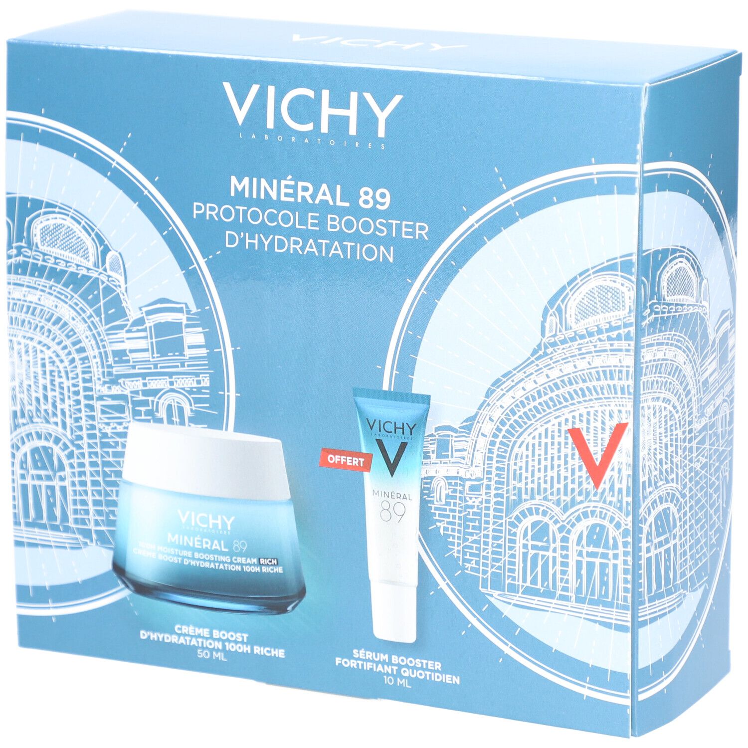 Vichy Minéral 89 Crème Boost Hydratation 100H Riche + Booster Quotidien Stimulant et Repulpant Offert