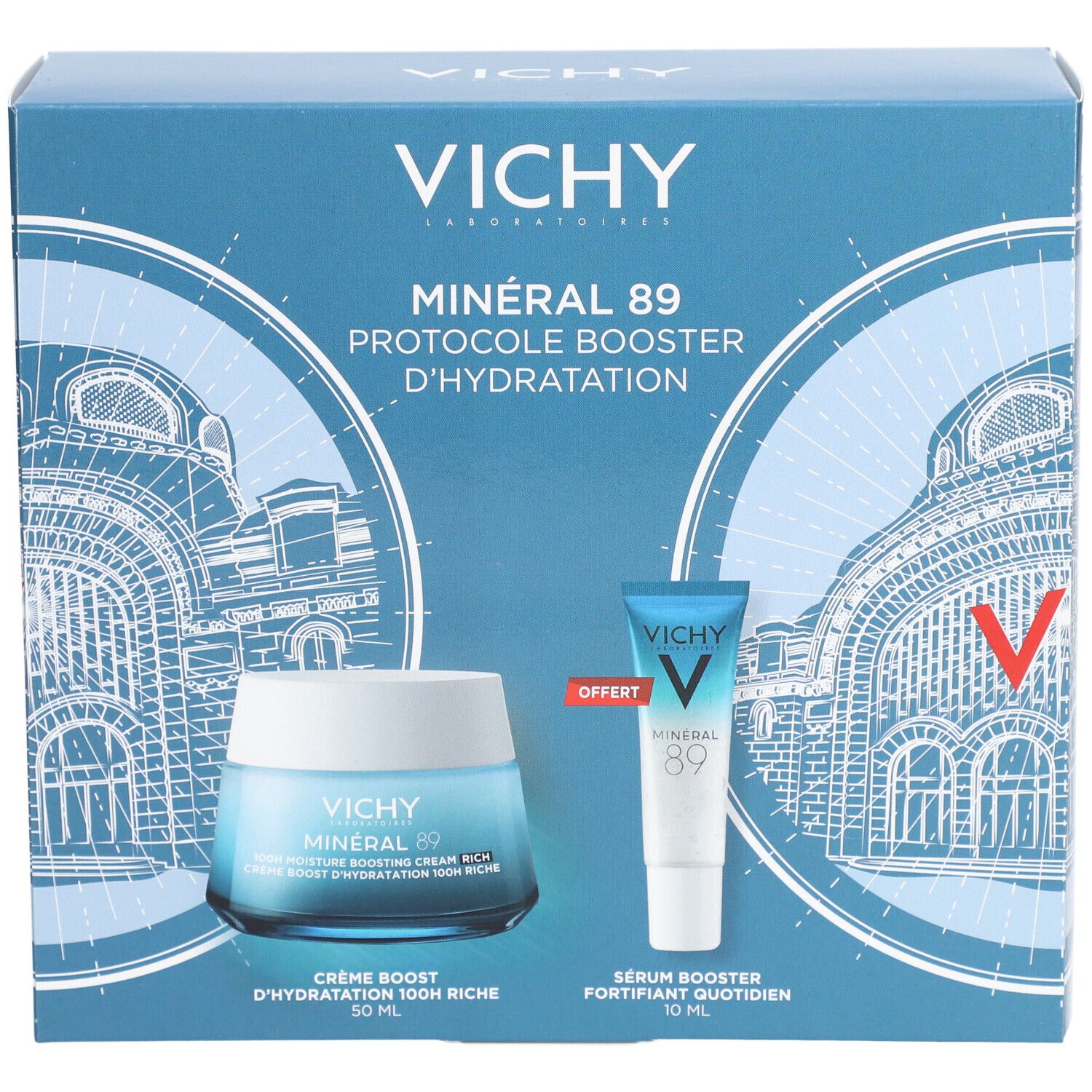 Vichy Minéral 89 Crème Boost Hydratation 100H Riche + Booster Quotidien Stimulant et Repulpant Offert