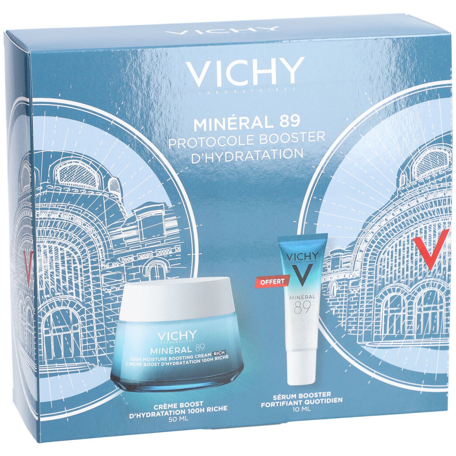 Vichy Minéral 89 Crème Boost Hydratation 100H Riche + Booster Quotidien Stimulant et Repulpant Offert