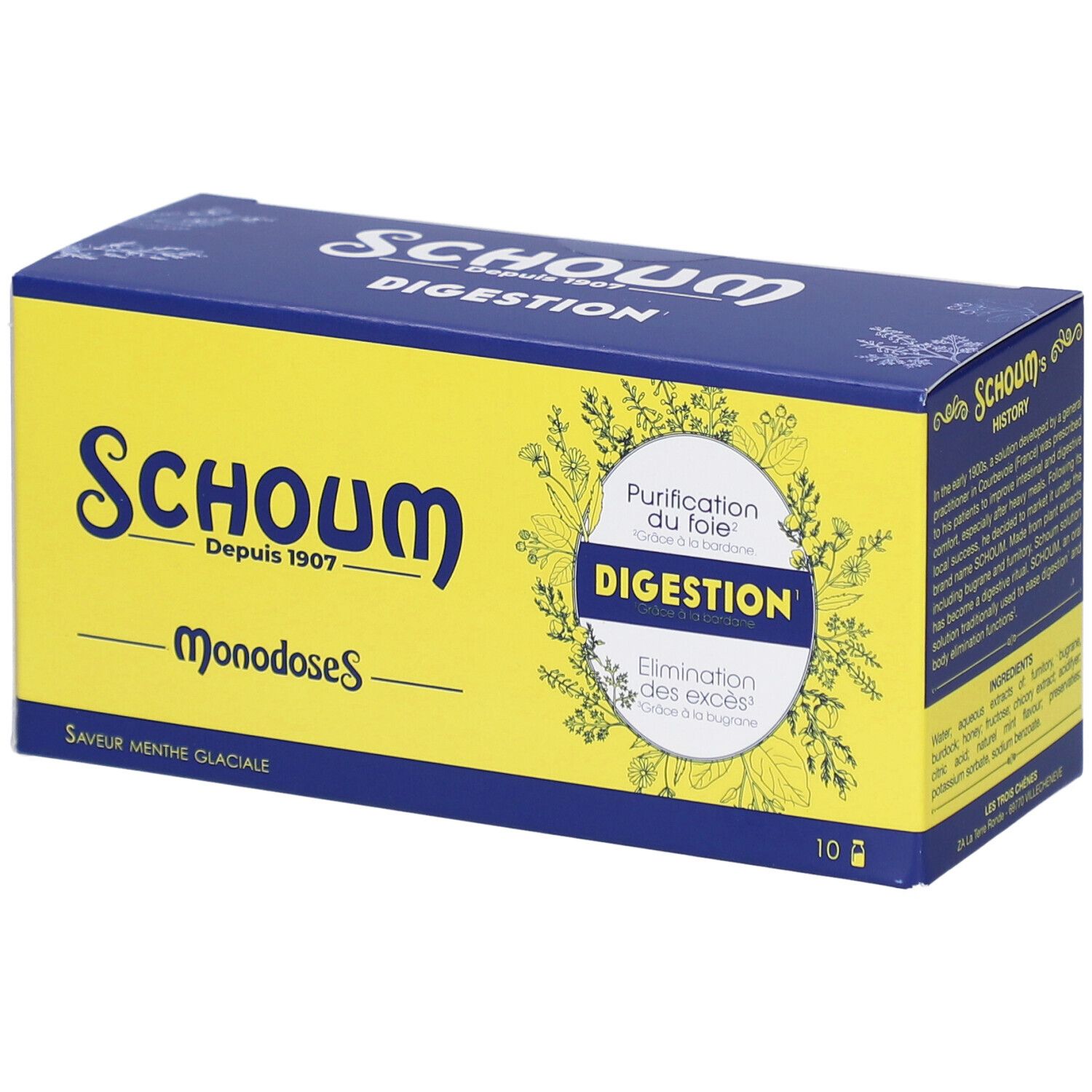 Boîte Schoum Digestion. Jaune et bleu, avec le nom du produit et "Monodoses".