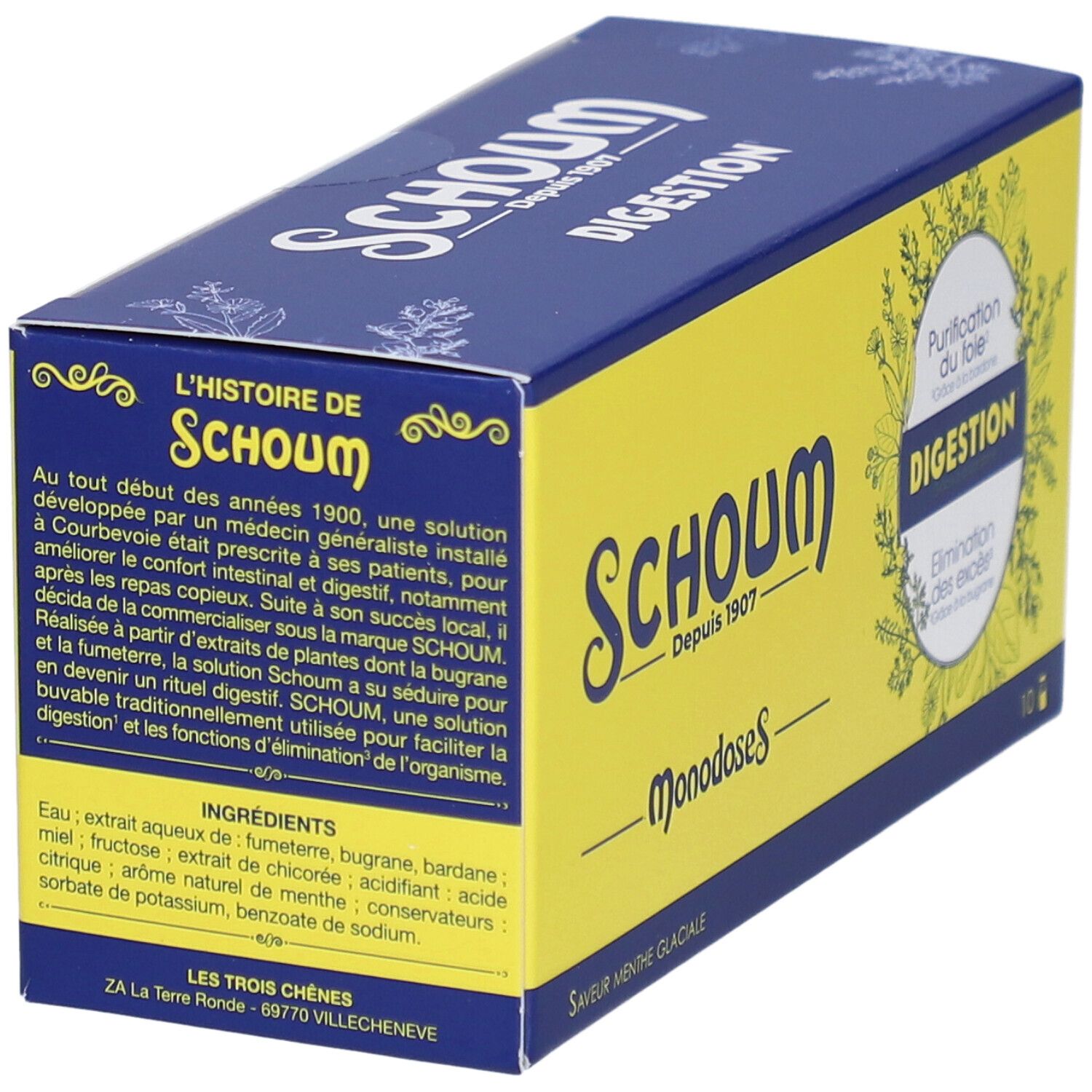Boîte Schoum Digestion. Jaune et bleu, avec le nom du produit et du texte. Liste des ingrédients.