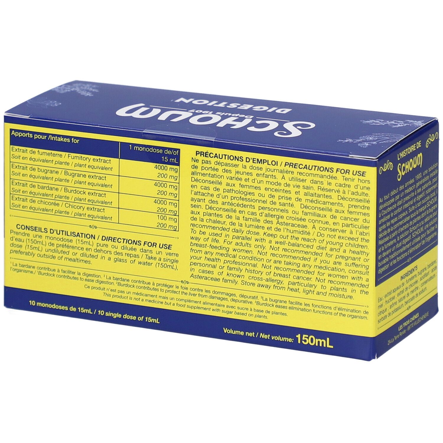 Boîte Schoum Digestion. Jaune et bleu, avec du texte. Conseils d'utilisation et précautions.