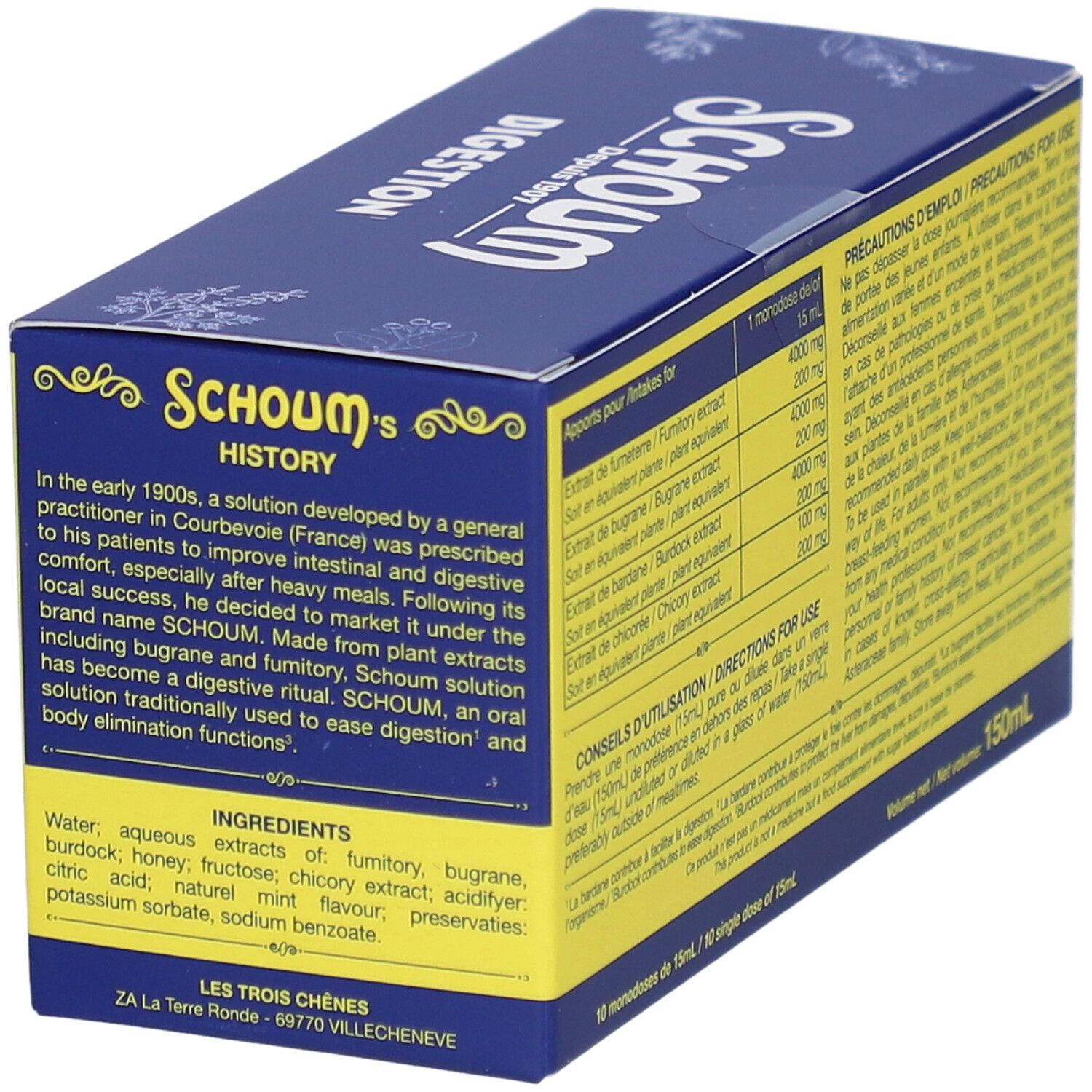 Boîte Schoum Digestion. Jaune et bleu, avec du texte. Histoire du produit et ingrédients.