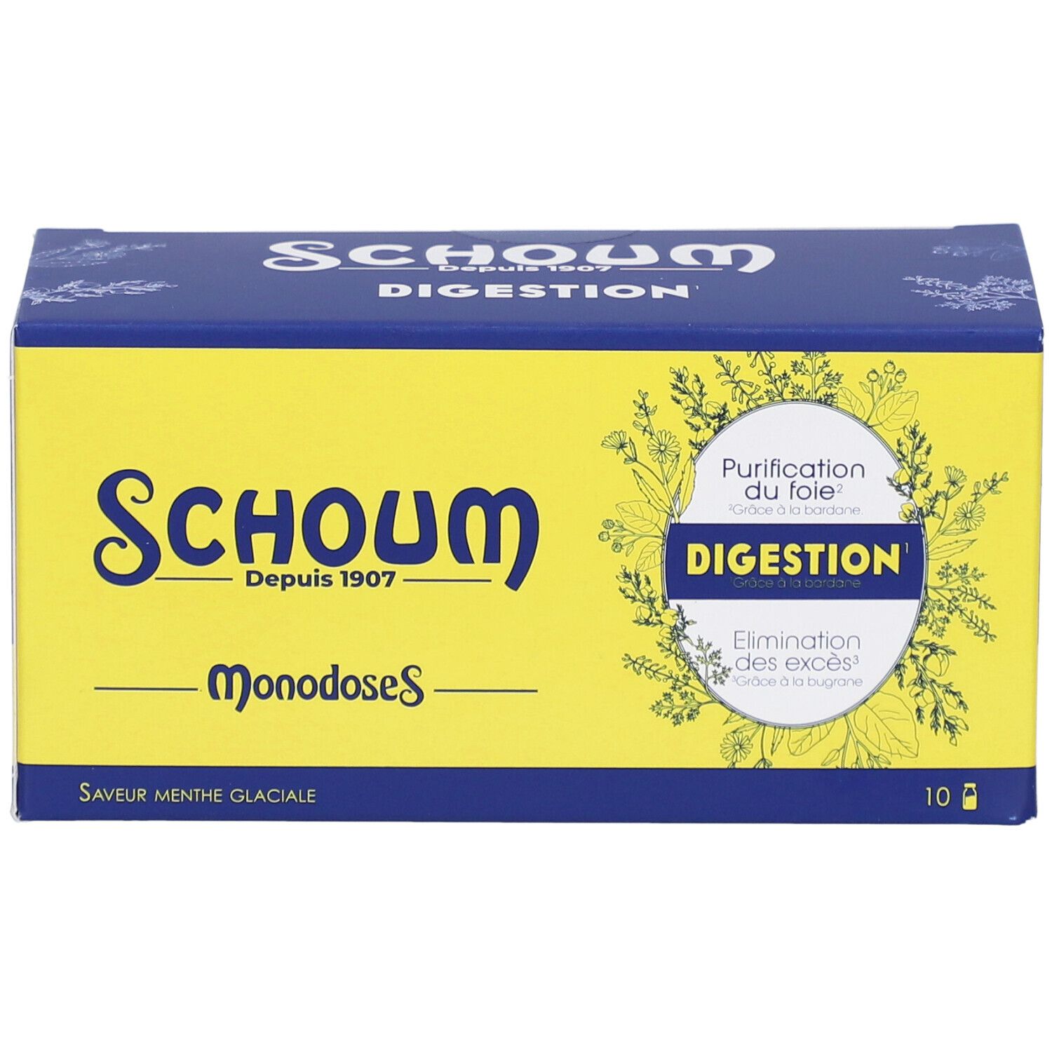 Boîte Schoum Digestion. Jaune et bleu, avec le nom du produit et "Monodoses".