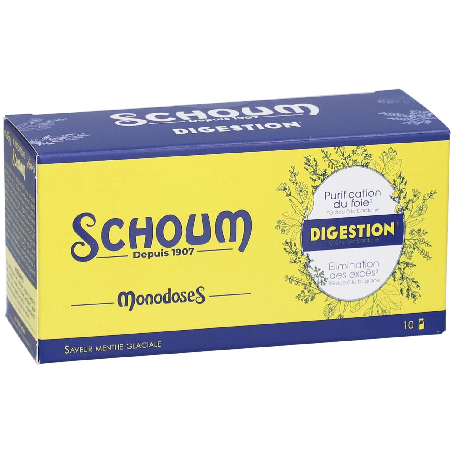 Boîte Schoum Digestion. Jaune et bleu, avec le nom du produit et "Monodoses".