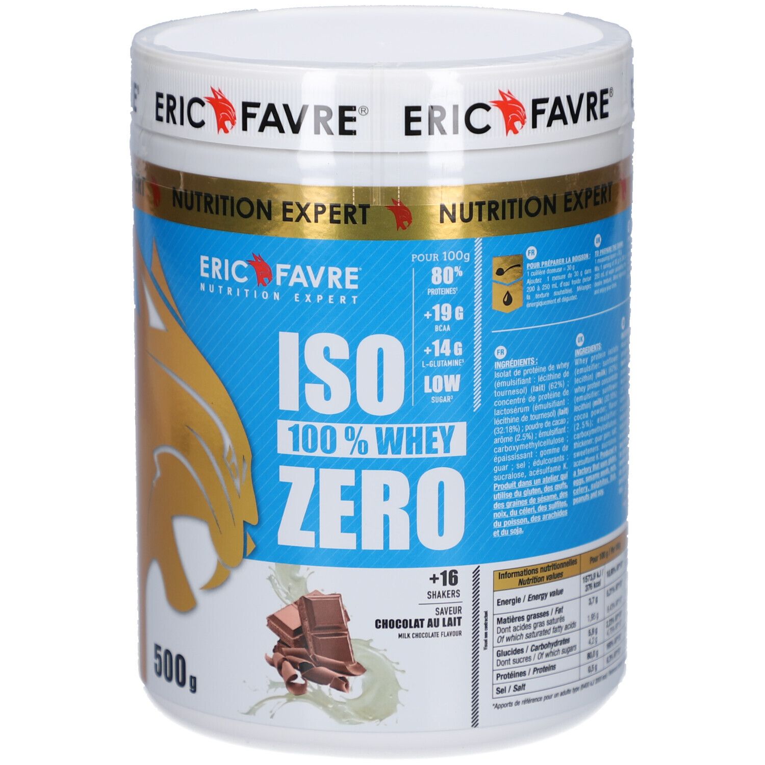 Pot blanc ERIC FAVRE ISO ZERO. Illustration chocolat. 500g. Accents bleus et dorés. Informations nutritionnelles.