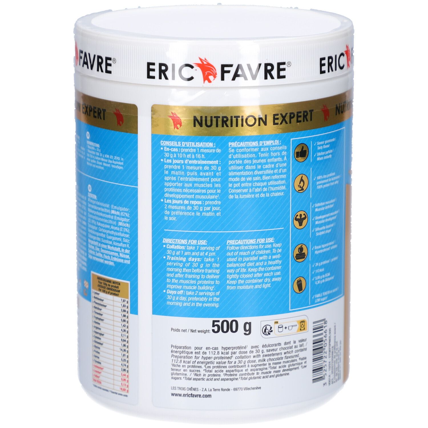 Dos du pot blanc. Texte multilingue. Informations d'utilisation et ingrédients.