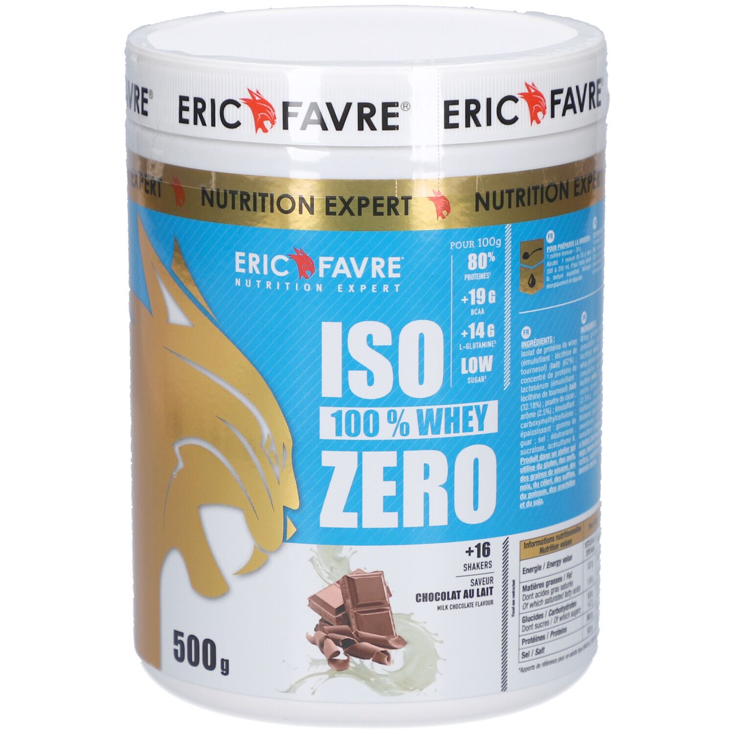 Pot blanc ERIC FAVRE ISO ZERO. Illustration chocolat. 500g. Accents bleus et dorés.