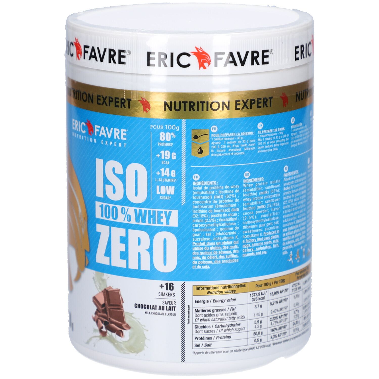 Pot blanc ERIC FAVRE ISO ZERO. Illustration chocolat. 500g. Accents bleus et dorés. Informations nutritionnelles.