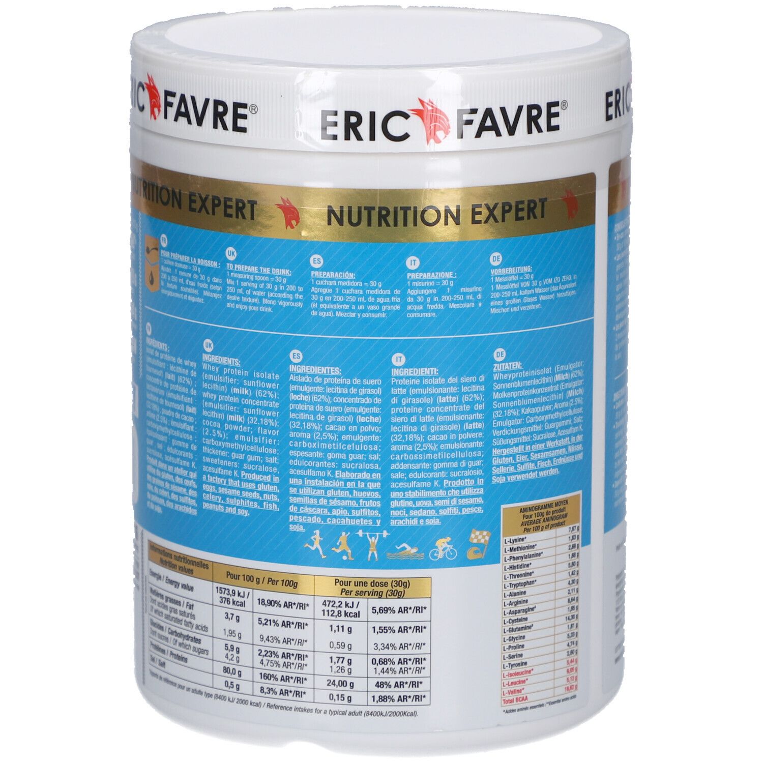 Dos du pot blanc. Texte multilingue. Informations nutritionnelles et ingrédients.