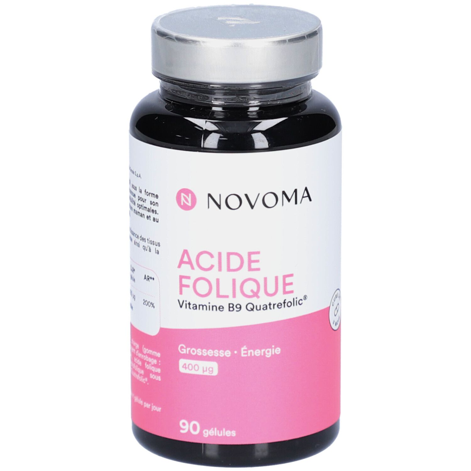 Flacon noir NOVOMA ACIDE FOLIQUE. Contient 90 gélules. Étiquette rose avec texte.