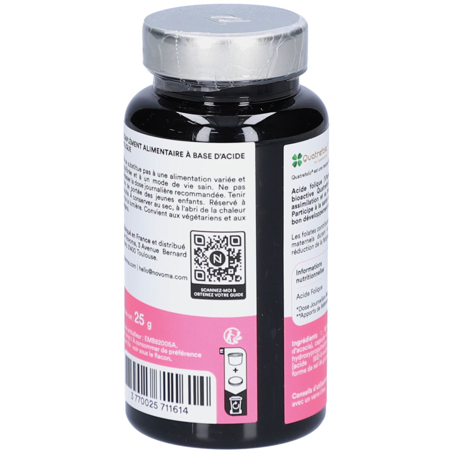 Dos du flacon noir NOVOMA ACIDE FOLIQUE. Code QR et informations.
